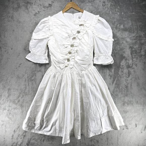 Sofie The Label Dresses & Skirts - Sofie the Label Shimmer White Bow Dress Puff Sleeve Size Small In Ivory NWT